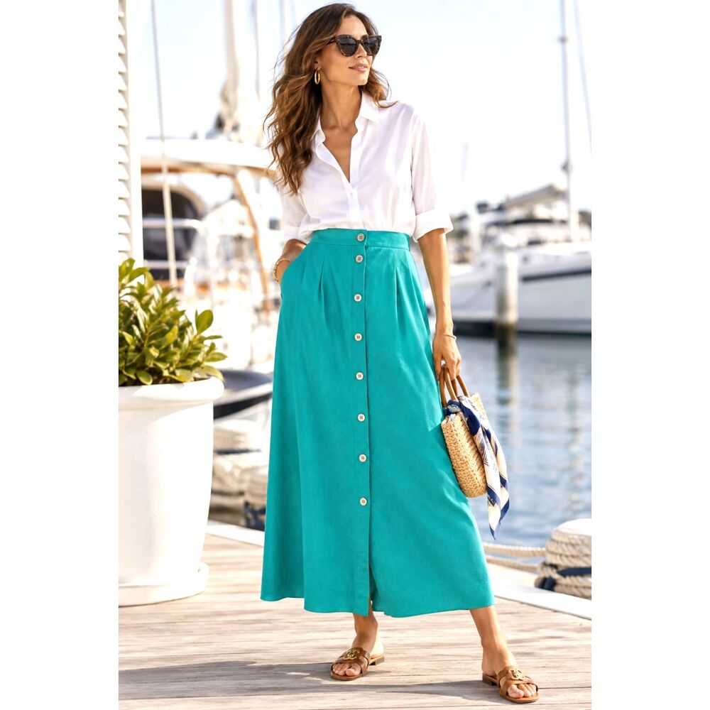 Vintage 70s Oak Hall by Fairfield Teal Turquoise Button Front Maxi Skirt